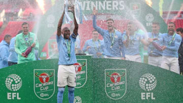 Manchester City's Brazilian midfielder Fernandinho lifts the winners trophy after the English League Cup final football match between Manchester City and Tottenham Hotspur at Wembley Stadium, northwest London on April 25, 2021. - Manchester City claimed a fourth consecutive League Cup on Sunday with a dominant display to beat Tottenham 1-0 in front of 8,000 fans at Wembley. - RESTRICTED TO EDITORIAL USE. No use with unauthorized audio, video, data, fixture lists, club/league logos or 'live' services. Online in-match use limited to 120 images. An additional 40 images may be used in extra time. No video emulation. Social media in-match use limited to 120 images. An additional 40 images may be used in extra time. No use in betting publications, games or single club/league/player publications. (Photo by CARL RECINE / POOL / AFP) / RESTRICTED TO EDITORIAL USE. No use with unauthorized audio, video, data, fixture lists, club/league logos or 'live' services. Online in-match use limited to 120 images. An additional 40 images may be used in extra time. No video emulation. Social media in-match use limited to 120 images. An additional 40 images may be used in extra time. No use in betting publications, games or single club/league/player publications. / RESTRICTED TO EDITORIAL USE. No use with unauthorized audio, video, data, fixture lists, club/league logos or 'live' services. Online in-match use limited to 120 images. An additional 40 images may be used in extra time. No video emulation. Social media in-match use limited to 120 images. An additional 40 images may be used in extra time. No use in betting publications, games or single club/league/player publications. (Photo by CARL RECINE/POOL/AFP via Getty Images)