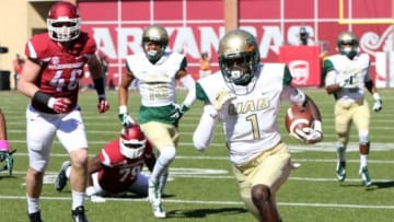 Oct 25, 2014; Fayetteville, AR, USA; UAB Blazers punt returner J.J. Nelson (1) on a punt return during the game against the Arkansas Razorbacks at Donald W. Reynolds Razorback Stadium. Arkansas defeated UAB 45-17. Credit: Nelson Chenault-USA TODAY Sports