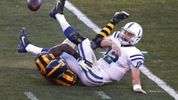 Trailing 42-34, Indianapolis Colts' quarterback Andrew Luck fell straight onto his butt to give the Pittsburgh Steelers a safety and a two possession lead in one of the more surprising NFL results of the day Mandatory Credit: Charles LeClaire-USA TODAY Sports