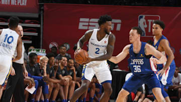 LAS VEGAS, NV - JULY 6: Jordan Bell #2 of the Golden State Warriors handles the ball against the LA Clippers during the 2018 Las Vegas Summer League on July 6, 2018 at the Thomas & Mack Center in Las Vegas, Nevada. NOTE TO USER: User expressly acknowledges and agrees that, by downloading and/or using this Photograph, user is consenting to the terms and conditions of the Getty Images License Agreement. Mandatory Copyright Notice: Copyright 2018 NBAE (Photo by Garrett Ellwood/NBAE via Getty Images)
