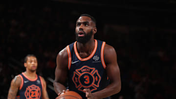 NEW YORK, NY - MARCH 31: Tim Hardaway Jr. #3 of the New York Knicks shoots a free throw during the game against the Detroit Pistons on March 31, 2018 at Madison Square Garden in New York City, New York. Copyright 2018 NBAE (Photo by Nathaniel S. Butler/NBAE via Getty Images)