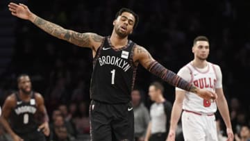 NEW YORK, NEW YORK - FEBRUARY 08: D'Angelo Russell #1 of the Brooklyn Nets reacts during the second half of the game against the Chicago Bulls at Barclays Center on February 08, 2019 in the Brooklyn borough of New York City. NOTE TO USER: User expressly acknowledges and agrees that, by downloading and or using this photograph, User is consenting to the terms and conditions of the Getty Images License Agreement. (Photo by Sarah Stier/Getty Images)