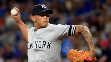 ST PETERSBURG, FLORIDA - SEPTEMBER 25: Jonathan Loaisiga #43 of the New York Yankees pitches in the first inning during a game against the Tampa Bay Rays at Tropicana Field on September 25, 2019 in St Petersburg, Florida. (Photo by Mike Ehrmann/Getty Images)