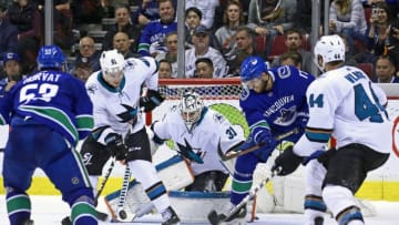 VANCOUVER, BC - APRIL 2: Josh Leivo #17 of the Vancouver Canucks takes a shot on Martin Jones #31 of the San Jose Sharks during their NHL game at Rogers Arena April 2, 2019 in Vancouver, British Columbia, Canada. Vancouver won 4-2. (Photo by Jeff Vinnick/NHLI via Getty Images)