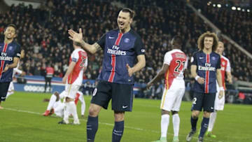 PARIS, FRANCE - MARCH 20: Zlatan Ibrahimovic of Paris Saint-Germain is dispointed during the French Ligue 1 match between Paris Saint-Germain and AS Monaco at Parc des Princes on march 20, 2016 in Paris, France. (Photo by Xavier Laine/Getty Images)