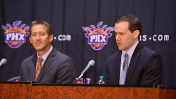 PHOENIX, AZ - MAY 28: Jeff Hornacek head coach of the Phoenix Suns and General Manager of the Phoenix Suns Ryan McDonough pose for a picture on May 28, 2013 at U.S. Airways Center in Phoenix, Arizona. NOTE TO USER: User expressly acknowledges and agrees that, by downloading and or using this photograph, user is consenting to the terms and conditions of the Getty Images License Agreement. Mandatory Copyright Notice: Copyright 2013 NBAE (Photo by Barry Gossage/NBAE via Getty Images)