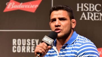 Jul 31, 2015; Rio de Janeiro, RJ, Brazil; Rafael dos Anjos interacts with fans during a Q&A session before weigh-ins for UFC 190 at HSBC Arena. Mandatory Credit: Jason Silva-USA TODAY Sports