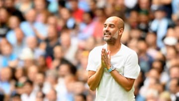 LONDON, ENGLAND - AUGUST 04: Pep Guardiola, Manager of Manchester City reacts during the FA Community Shield match between Liverpool and Manchester City at Wembley Stadium on August 04, 2019 in London, England. (Photo by Michael Regan/Getty Images)
