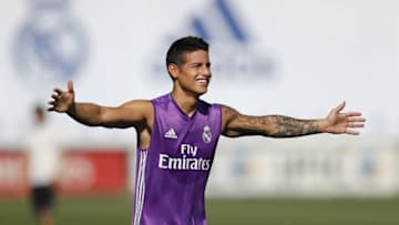 MADRID, SPAIN - AUGUST 26: James Rodriguez of Real Madrid celebrates during a training session at Valdebebas training ground on August 26, 2016 in Madrid, Spain. (Photo by Angel Martinez/Real Madrid via Getty Images)