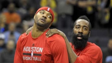 Dec 26, 2014; Memphis, TN, USA; Houston Rockets forward Josh Smith (5) and Houston Rockets guard James Harden (13) before the game against the Memphis Grizzlies at FedExForum. Mandatory Credit: Justin Ford-USA TODAY Sports
