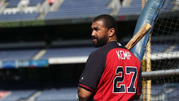 Aug 31, 2016; Atlanta, GA, USA; Atlanta Braves left fielder Matt Kemp (27) is shown during batting practice before a game against the San Diego Padres at Turner Field. Mandatory Credit: Jason Getz-USA TODAY Sports