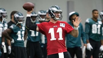 Jul 28, 2016; Philadelphia, PA, USA; Philadelphia Eagles quarterback Carson Wentz (11) throws during training camp at NovaCare Complex. Mandatory Credit: Bill Streicher-USA TODAY Sports