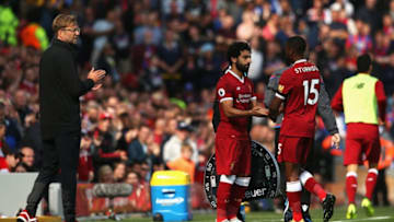 LIVERPOOL, ENGLAND - AUGUST 19: Mohamed Salah of Liverpool comes on for Daniel Sturridge of Liverpool during the Premier League match between Liverpool and Crystal Palace at Anfield on August 19, 2017 in Liverpool, England. (Photo by Jan Kruger/Getty Images)