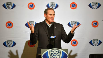 SANTA CLARA, CALIFORNIA - DECEMBER 06: Pac-12 Commissioner Larry Scott at the pre-game press conference before the Pac-12 Championship football game between the Oregon Ducks and the Utah Utes at Levi's Stadium on December 6, 2019 in Santa Clara, California. The Oregon Ducks won 37-15. (Alika Jenner/Getty Images)