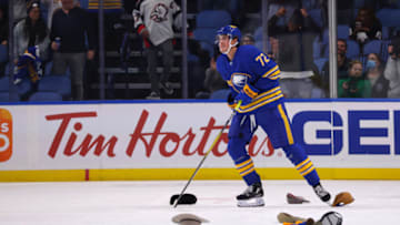 Oct 31, 2022; Buffalo, New York, USA; Hats are thrown on the ice to celebrate Buffalo Sabres right wing Tage Thompson (72) third goal of the game during the third period against the Detroit Red Wings at KeyBank Center. Mandatory Credit: Timothy T. Ludwig-USA TODAY Sports