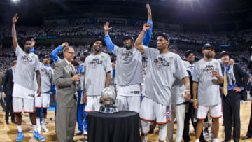 OKLAHOMA CITY, OK - JUNE 6: Oklahoma City Thunder players, from left, Kendrick Perkins #5, Kevin Durant #35, Serge Ibaka #9 and Russell Westbrook #0 celebrate with the Western Conference Finals Champions trophy following their team's victory against the San Antonio Spurs in Game Six of the Western Conference Finals during the 2012 NBA Playoffs on June 6, 2012 at the Chesapeake Energy Arena in Oklahoma City, Oklahoma. NOTE TO USER: User expressly acknowledges and agrees that, by downloading and or using this Photograph, user is consenting to the terms and conditions of the Getty Images License Agreement. Mandatory Copyright Notice: Copyright 2012 NBAE (Photo by Layne Murdoch/NBAE via Getty Images)