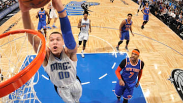 ORLANDO, FL - MARCH 1: Aaron Gordon #00 of the Orlando Magic goes up for a dunk during a game against the New York Knicks on March 1, 2017 at Amway Center in Orlando, Florida. NOTE TO USER: User expressly acknowledges and agrees that, by downloading and/or using this photograph, user is consenting to the terms and conditions of the Getty Images License Agreement. Mandatory Copyright Notice: Copyright 2017 NBAE (Photo by Fernando Medina/NBAE via Getty Images)