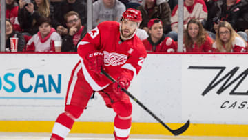 DETROIT, MI - DECEMBER 13: Brian Lashoff #23 of the Detroit Red Wings passes the puck during an NHL game against the Arizona Coyotes at Joe Louis Arena on December 13, 2016 in Detroit, Michigan. The Coyotes defeated the Wings 4-1. (Photo by Dave Reginek/NHLI via Getty Images)