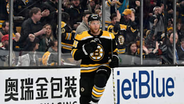 Dec 16, 2018; Boston, MA, USA; Boston Bruins defenseman Steven Kampfer (44) celebrates his goal against the Buffalo Sabres during the second period at the TD Garden. Mandatory Credit: Brian Fluharty-USA TODAY Sports