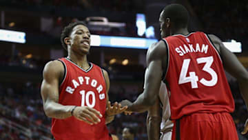 Nov 23, 2016; Houston, TX, USA; Toronto Raptors guard DeMar DeRozan (10) celebrates with forward Pascal Siakam (43) after a play during the third quarter against the Houston Rockets at Toyota Center. Mandatory Credit: Troy Taormina-USA TODAY Sports