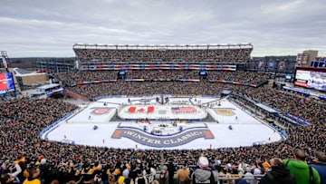 Jan 1, 2016; Foxborough, MA, USA; A general view of Gillette Stadium during the National Anthem before the Winter Classic hockey game at Gillette Stadium. Mandatory Credit: Brian Fluharty-USA TODAY Sports