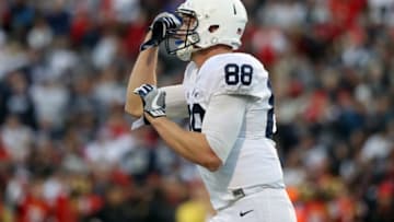 COLLEGE PARK, MD - NOVEMBER 25: Tight end Mike Gesicki #88 of the Penn State Nittany Lions celebrates after catching a second quarter touchdown against the Maryland Terrapins at Capital One Field on November 25, 2017 in College Park, Maryland. (Photo by Rob Carr/Getty Images)
