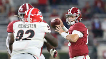 Oct 17, 2020; Tuscaloosa, Alabama, USA; Alabama quarterback Mac Jones (10) throws against Georgia during the first quarter at Bryant-Denny Stadium. Mandatory Credit: Gary Cosby Jr/The Tuscaloosa News via USA TODAY Sports