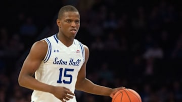 Mar 10, 2016; New York, NY, USA; Seton Hall Pirates guard Isaiah Whitehead (15) dribbles the ball in the second half during the Big East conference tournament at Madison Square Garden. Seton Hall Defeats Creighton 81-73. Mandatory Credit: William Hauser-USA TODAY Sports