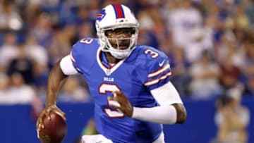 Aug 16, 2013; Orchard Park, NY, USA; Buffalo Bills quarterback E.J. Manuel (3) drops back to pass against the Minnesota Vikings during the second half at Ralph Wilson Stadium. Bills beat the Vikings 20-16. Mandatory Credit: Kevin Hoffman-USA TODAY Sports