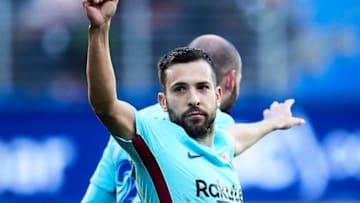 EIBAR, SPAIN - FEBRUARY 17: Jordi Alba of FC Barcelona celebrates after scoring his team's second goal during the La Liga match between SD Eibar and FC Barcelona at Ipurua Municipal Stadium on February 17, 2018 in Eibar, Spain. (Photo by Juan Manuel Serrano Arce/Getty Images)