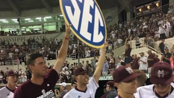 Mississippi State baseball celebrates winning the SEC Championship.