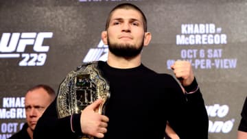 NEW YORK, NY - SEPTEMBER 20: Lightweight Champion Khabib Nurmagomedov poses for photos during the UFC 229 Press Conference at Radio City Music Hall on September 20, 2018 in New York City. (Photo by Steven Ryan/Getty Images)