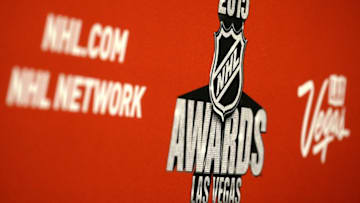 Jun 23, 2015; Las Vegas, NV, USA; A detailed view of signage during a press conference in advance of the 2015 NHL Awards at MGM Grand. Mandatory Credit: Jake Roth-USA TODAY Sports