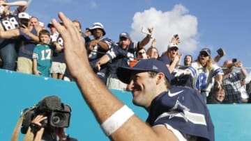 Dallas Cowboys quarterback Tony Romo leaves the field after the game against the Miami Dolphins at Sun Life Stadium. The Cowboys won 24-14. Mandatory Credit: Andrew Innerarity-USA TODAY Sports