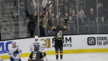 LAS VEGAS, NV - NOVEMBER 19: Vegas Golden Knights right wing Mark Stone (61) celebrates after scoring a goal against the Toronto Maple Leafs during a regular season game Tuesday, Nov. 19, 2019, at T-Mobile Arena in Las Vegas, Nevada. (Photo by: Marc Sanchez/Icon Sportswire via Getty Images)