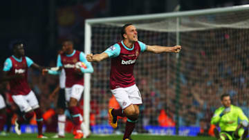 LONDON, ENGLAND - MAY 10: Mark Noble of West Ham United celebrates as Michail Antonio of West Ham United scores their second and equalising goal during the Barclays Premier League match between West Ham United and Manchester United at the Boleyn Ground on May 10, 2016 in London, England. West Ham United are playing their last ever home match at the Boleyn Ground after their 112 year stay at the stadium. The Hammers will move to the Olympic Stadium for the 2016-17 season. (Photo by Julian Finney/Getty Images)