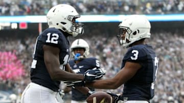 Oct 8, 2016; University Park, PA, USA; Penn State Nittany Lions wide receiver DeAndre Thompkins (3) celebrates with wide receiver Chris Godwin (12) after scoring a touchdown during the third quarter against the Maryland Terrapins at Beaver Stadium. Penn State defeated Maryland 38-14. Mandatory Credit: Matthew O'Haren- USA TODAY Sports