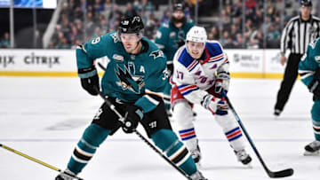 SAN JOSE, CA - OCTOBER 30: Logan Couture #39 of the San Jose Sharks skates with the puck against the New York Rangers at SAP Center on October 30, 2018 in San Jose, California (Photo by Brandon Magnus/NHLI via Getty Images)