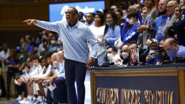 DURHAM, NORTH CAROLINA - MARCH 05: Head coach Hubert Davis of the North Carolina Tar Heels reacts during the second half of the game against the Duke Blue Devils at Cameron Indoor Stadium on March 05, 2022 in Durham, North Carolina. (Photo by Jared C. Tilton/Getty Images)