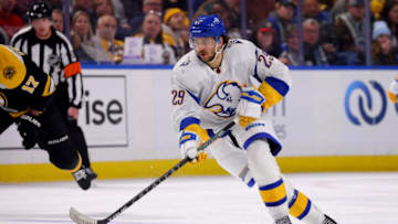 Nov 12, 2022; Buffalo, New York, USA; Buffalo Sabres center Vinnie Hinostroza (29) brings the puck up ice during the second period against the Boston Bruins at KeyBank Center. Mandatory Credit: Timothy T. Ludwig-USA TODAY Sports