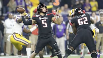 Dec 29, 2015; Houston, TX, USA; Texas Tech Red Raiders quarterback Patrick Mahomes (5) in the pocket against the LSU Tigers in the first quarter at NRG Stadium. Mandatory Credit: Thomas B. Shea-USA TODAY Sports