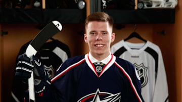 BUFFALO, NY - JUNE 25: Vitaly Abramov poses for a portrait after being selected 65th overall by the Columbus Blue Jackets during the 2016 NHL Draft at First Niagara Center on June 25, 2016 in Buffalo, New York. (Photo by Jeff Vinnick/NHLI via Getty Images)