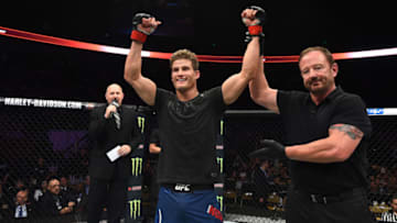 AUSTIN, TX - FEBRUARY 18: Sage Northcutt celebrates after defeating Thibault Gouti of France by unanimous decision in their lightweight bout during the UFC Fight Night event at Frank Erwin Center on February 18, 2018 in Austin, Texas. (Photo by Josh Hedges/Zuffa LLC/Zuffa LLC via Getty Images)