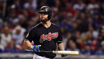 Nov 1, 2016; Cleveland, OH, USA; Cleveland Indians first baseman Mike Napoli reacts after striking out against the Chicago Cubs in the 8th inning in game six of the 2016 World Series at Progressive Field. Mandatory Credit: Ken Blaze-USA TODAY Sports