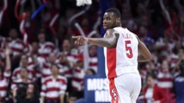 Jan 14, 2016; Tucson, AZ, USA; Arizona Wildcats guard Kadeem Allen (5) celebrates after scoring against the Washington Huskies during the second half at McKale Center. Arizona won 99-67. Mandatory Credit: Casey Sapio-USA TODAY Sports