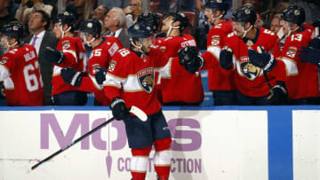 SUNRISE, FL - NOVEMBER. 16: Mike Hoffman #68 of the Florida Panthers celebrates his goal with teammates against the New York Rangers at the BB&T Center on November 16, 2019 in Sunrise, Florida. (Photo by Eliot J. Schechter/NHLI via Getty Images)