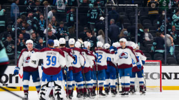 Apr 28, 2023; Seattle, Washington, USA; The Colorado Avalanche celebrate defeating the Seattle Kraken in game six of the first round of the 2023 Stanely Cup Playoffs at Climate Pledge Arena. Mandatory Credit: Steven Bisig-USA TODAY Sports