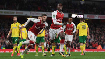 LONDON, ENGLAND - OCTOBER 24: Eddie Nketiah celebrates scoring the first Arsenal goalduring the Carabao Cup fourth round match between Arsenal and Norwich City at Emirates Stadium on October 24, 2017 in London, England. (Photo by Shaun Botterill/Getty Images)
