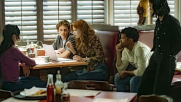 Nancy Drew -- “The Danger of the Hopeful Sigil” -- Image Number: NCD403a_0270r2 -- Pictured (L - R): Maddison Jaizani as Bess, Alex Saxon as Ace, Kennedy McMann as Nancy Drew, Tunji Kasim as Nick and Leah Lewis as George Fan -- Photo: Colin Bentley/The CW -- © 2023 The CW Network, LLC. All Rights Reserved.