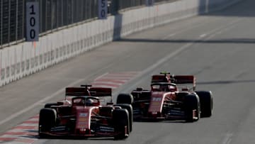 BAKU, AZERBAIJAN - APRIL 28: Sebastian Vettel of Germany driving the (5) Scuderia Ferrari SF90 leads Charles Leclerc of Monaco driving the (16) Scuderia Ferrari SF90 on track during the F1 Grand Prix of Azerbaijan at Baku City Circuit on April 28, 2019 in Baku, Azerbaijan. (Photo by Charles Coates/Getty Images)